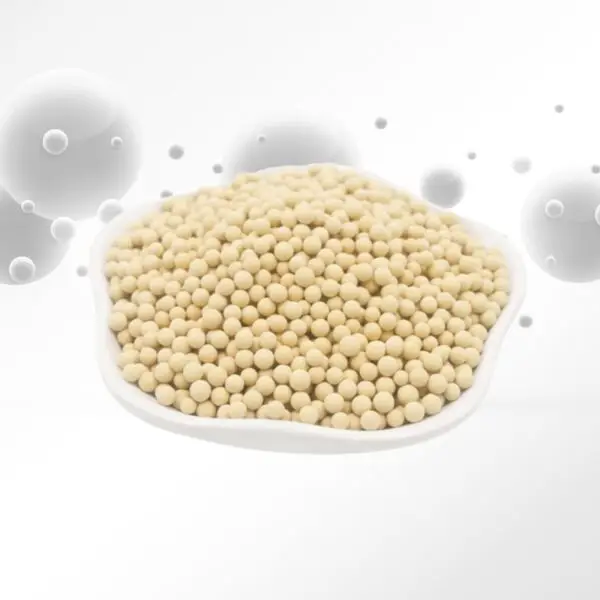 4A Molecular Sieve 3–4mm spherical beads in a white container.